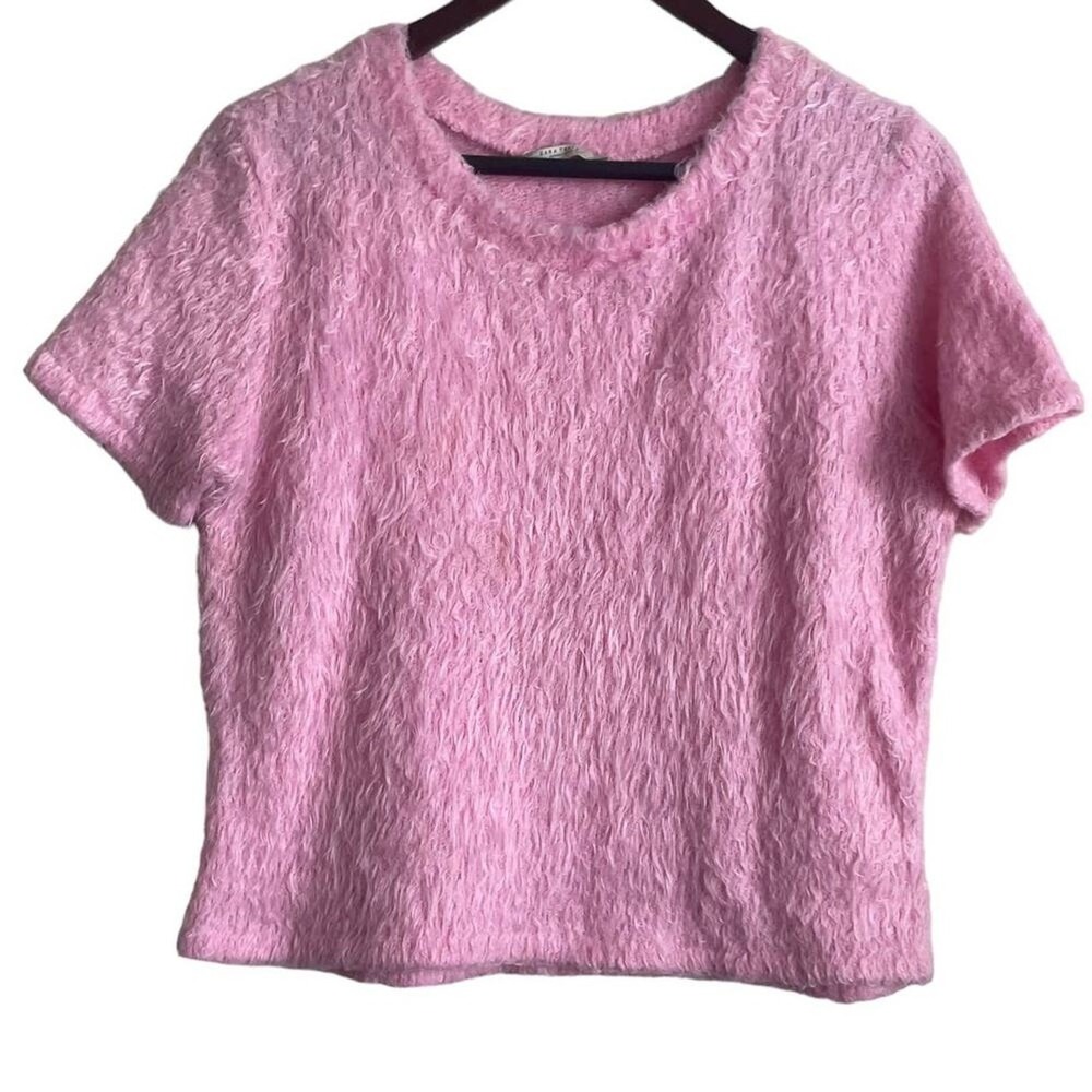 Zara Women Cropped Top L Pink Fuzzy Eyelash Knit Y2K Coquette Indie Festival